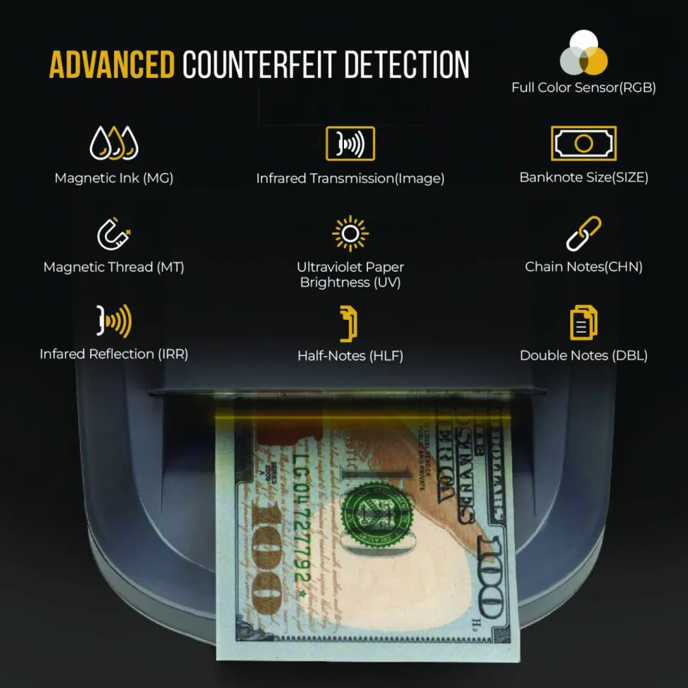 Kolibri KCD-1000 Counterfeit Detector for USD, 10 Detection Methods, 5.1" x 6.3" x 3.6", Gray
