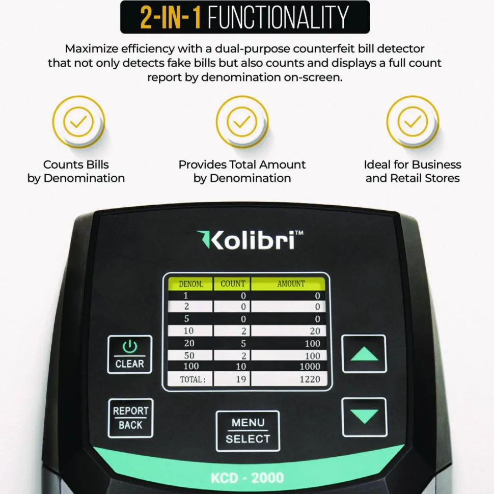 Kolibri KCD-2000 Counterfeit Detector for USD, 10 Detection Methods, 5" x 6" x 5", Black/Gray