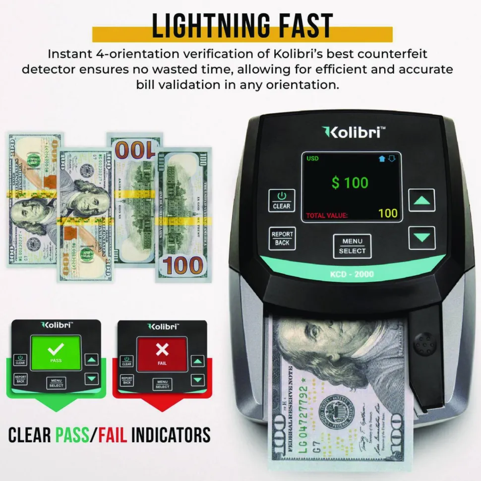 Kolibri KCD-2000 Counterfeit Detector for USD, 10 Detection Methods, 5" x 6" x 5", Black/Gray