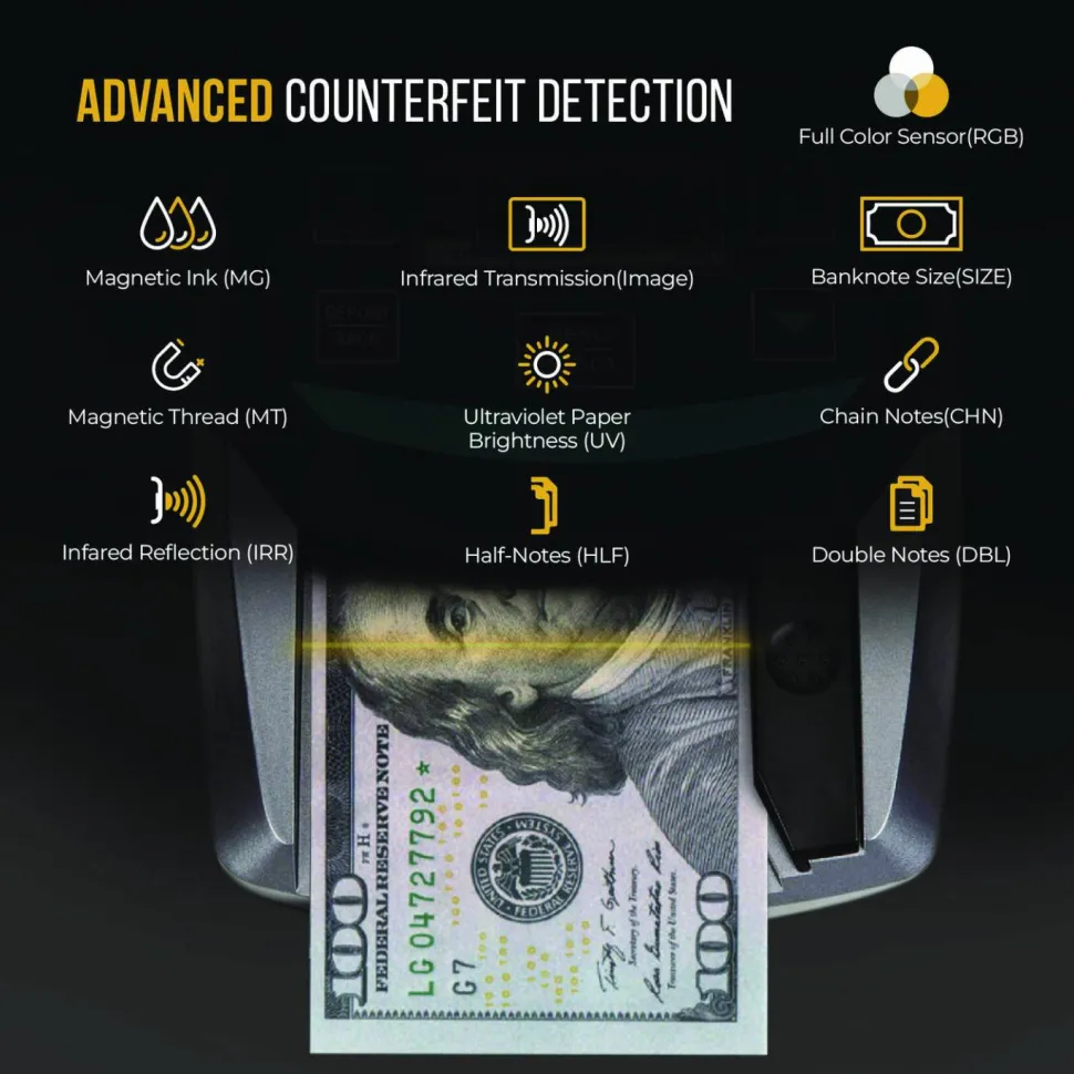 Kolibri KCD-2000 Counterfeit Detector for USD, 10 Detection Methods, 5" x 6" x 5", Black/Gray