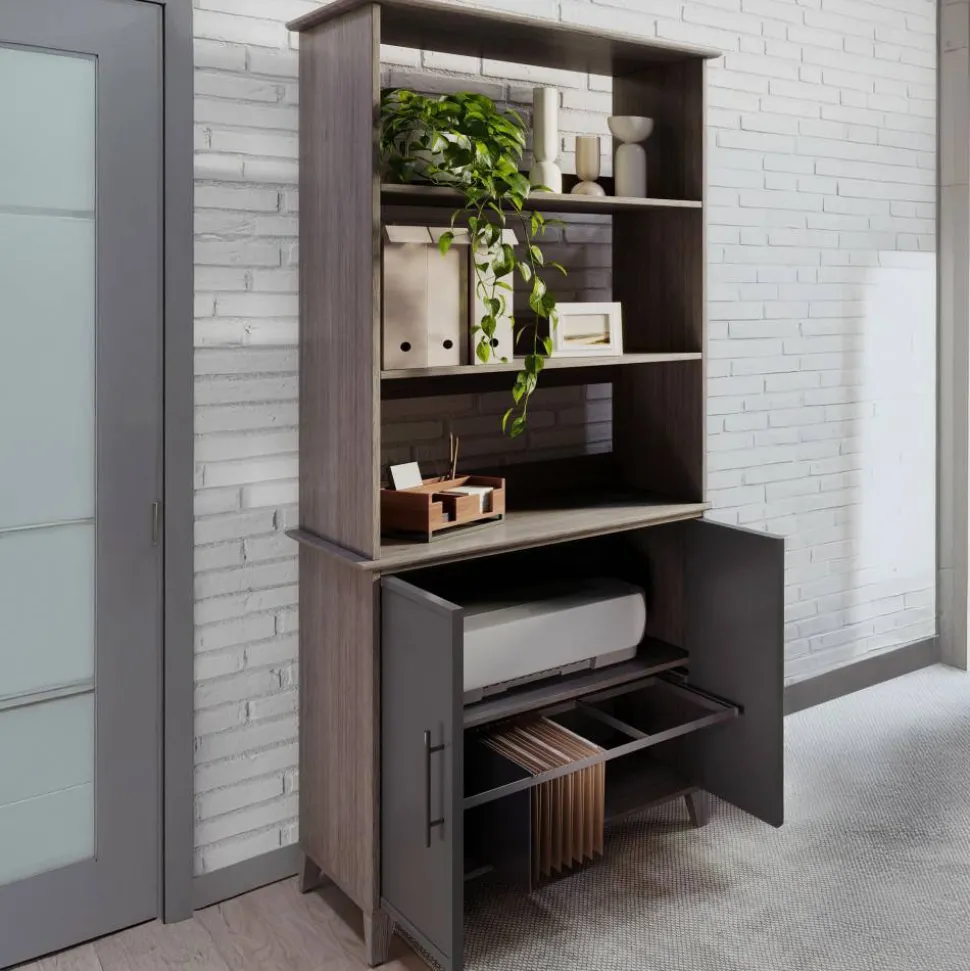 Koru 72"H 3-Shelf Bookcase With Printer Shelf & File Storage, Two-Tone Slate/Gray Oak, BIFMA Compliant