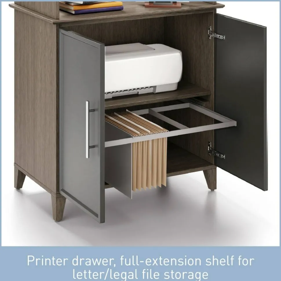 Koru 72"H 3-Shelf Bookcase With Printer Shelf & File Storage, Two-Tone Slate/Gray Oak, BIFMA Compliant