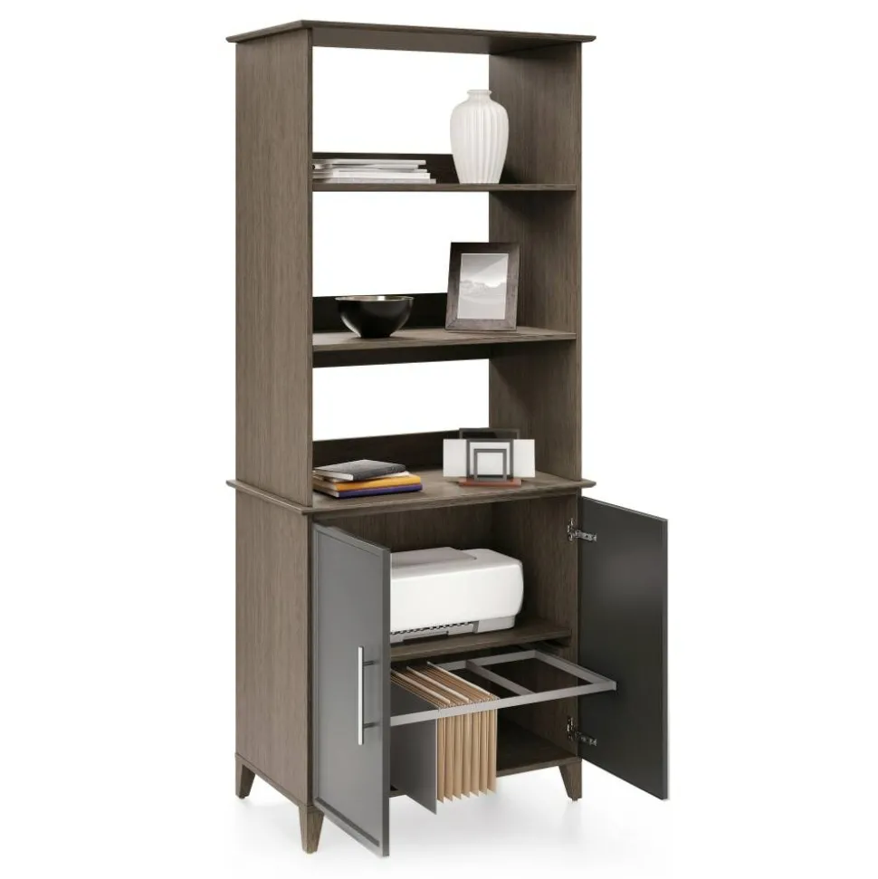 Koru 72"H 3-Shelf Bookcase With Printer Shelf & File Storage, Two-Tone Slate/Gray Oak, BIFMA Compliant