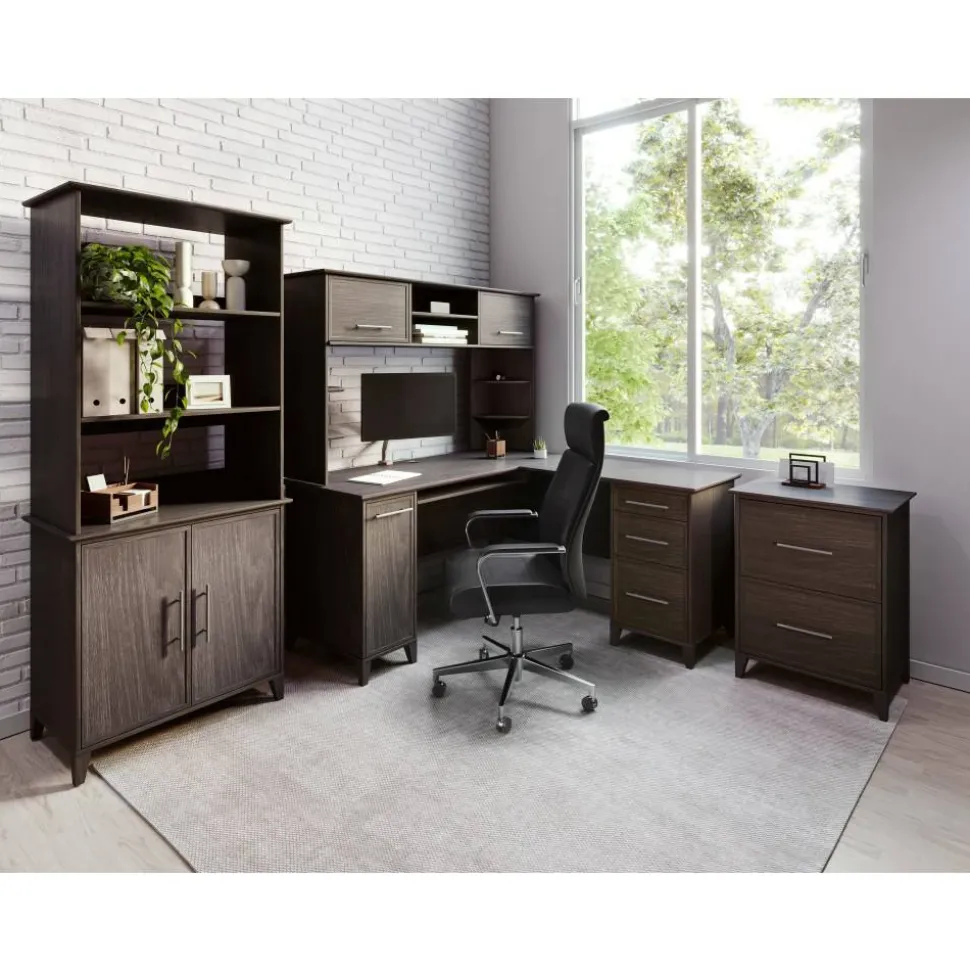 Koru 72"H 3-Shelf Bookcase With Printer Shelf & File Storage, Espresso Oak