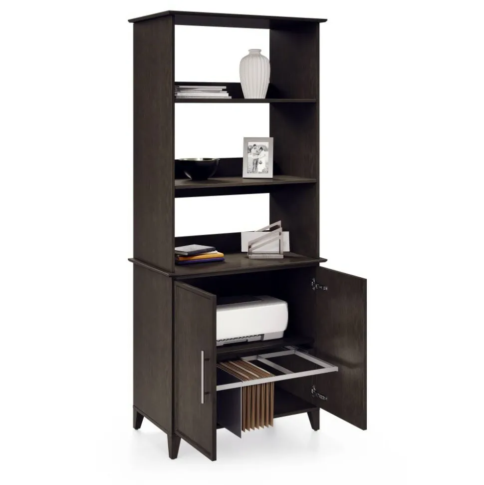 Koru 72"H 3-Shelf Bookcase With Printer Shelf & File Storage, Espresso Oak