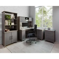 Koru 60"W Hutch For Koru L-Shaped Or Straight Computer Desks, Two-Tone Slate/Gray Oak