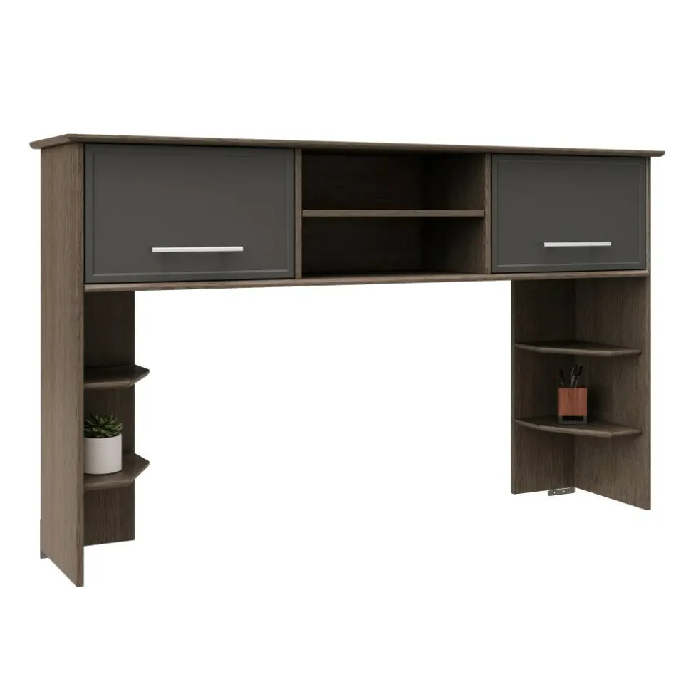 Koru 60"W Hutch For Koru L-Shaped Or Straight Computer Desks, Two-Tone Slate/Gray Oak