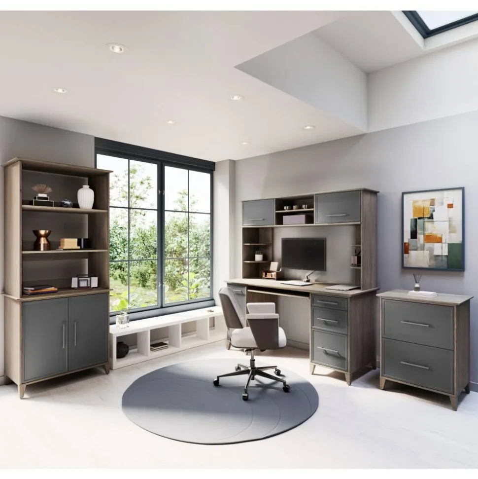 Koru 60"W Hutch For Koru L-Shaped Or Straight Computer Desks, Two-Tone Slate/Gray Oak