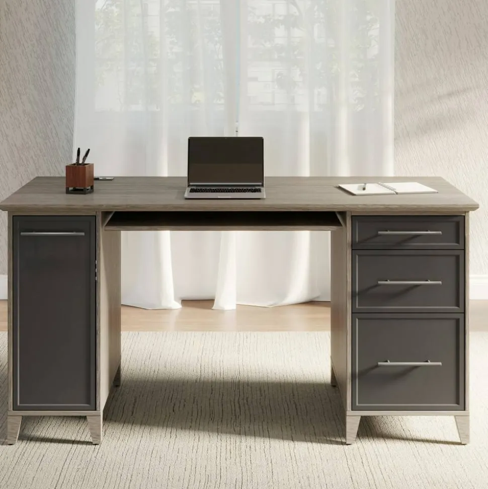 Koru 60"W Straight Computer Desk With Integrated Power & Charging, Two-Tone Slate/Gray Oak, BIFMA Compliant