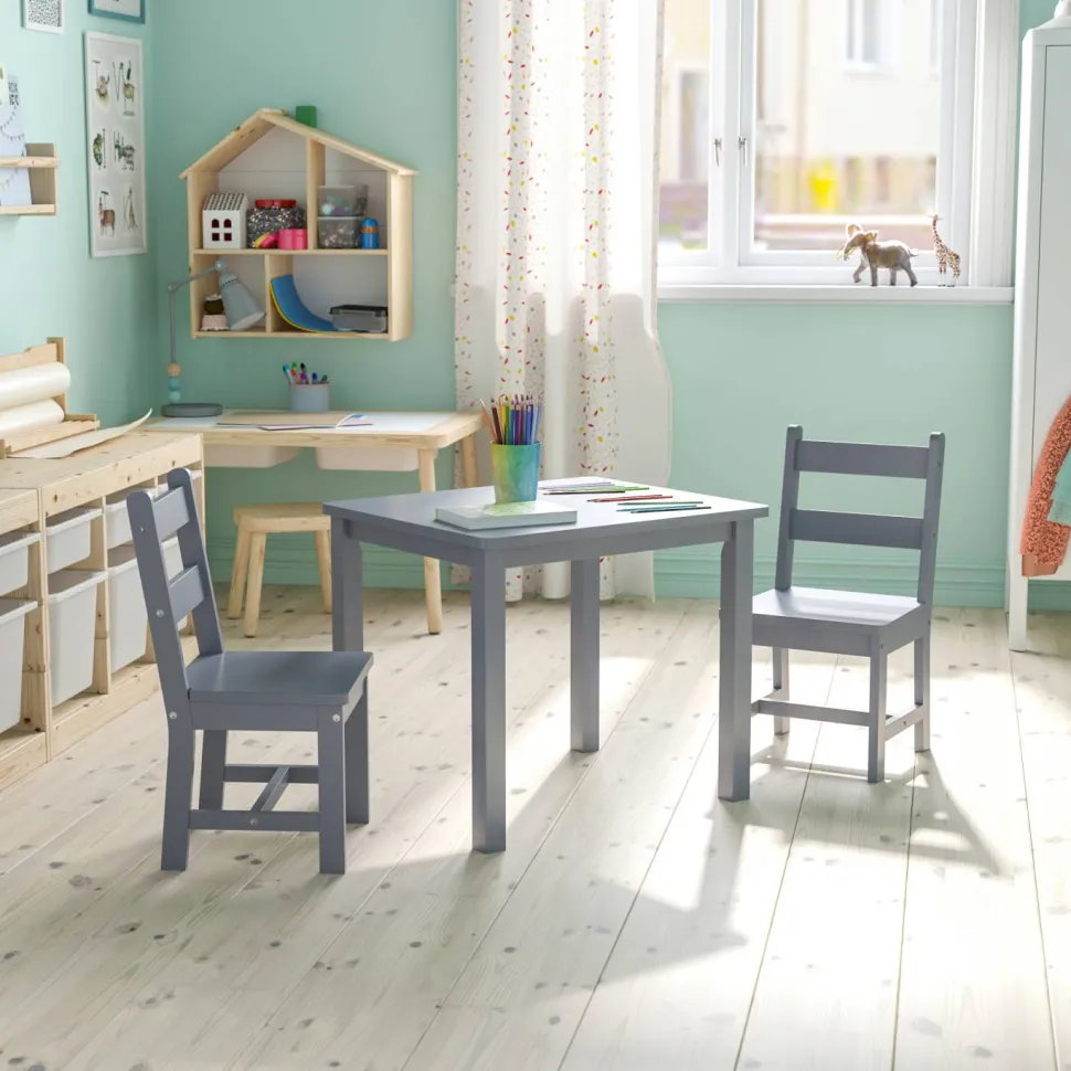 Kyndl Kids Solid Hardwood Table and Chair Set for Playroom, Bedroom, Kitchen - 3 Piece Set - Gray