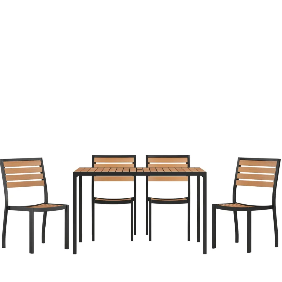 Lark 5 Piece Patio Table Set - Synthetic Teak Poly Slats - 30" x 48" Steel Framed Table with 4 Stackable Faux Teak Chairs