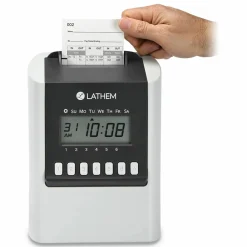 Lathem Calculating Electronic Time Clock, 100 Employees, 6-15/16”H x 5-1/4”W x 9-5/8”D, Gray, 700E