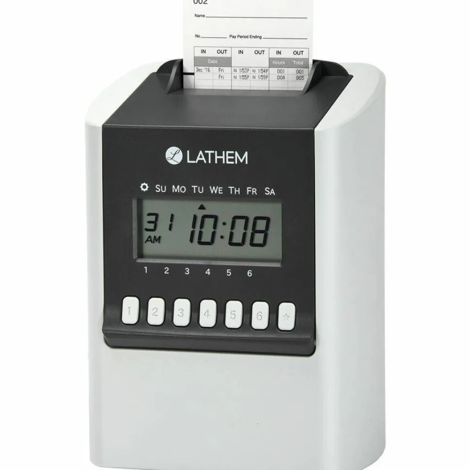 Lathem Calculating Electronic Time Clock, 100 Employees, 6-15/16”H x 5-1/4”W x 9-5/8”D, Gray, 700E