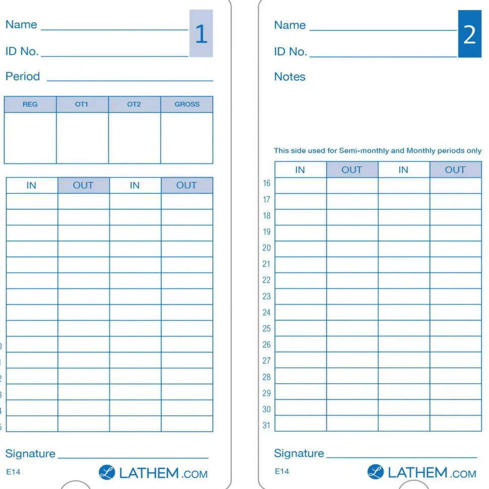 Lathem Model 400E Double Sided Time Cards - Double Sided Sheet - Blue Print Color - 1 Pack