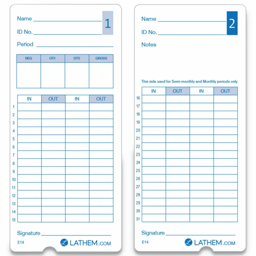 Lathem Model 400E Double Sided Time Cards - Double Sided Sheet - Blue Print Color - 1 Pack