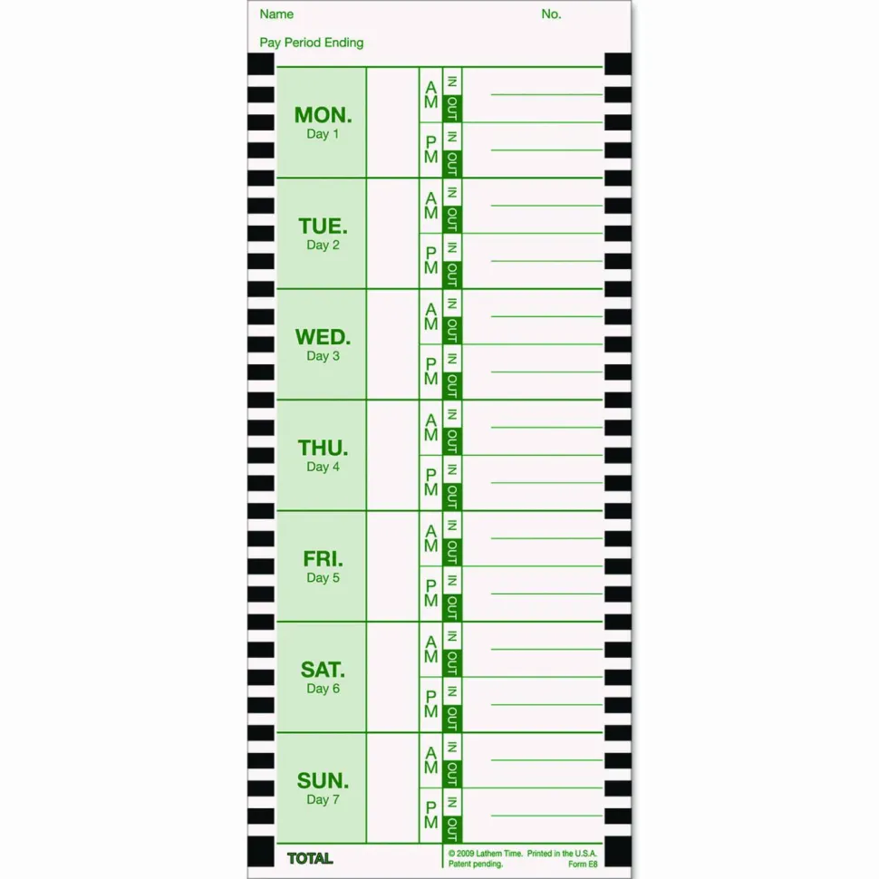 Lathem Time Cards, E8-100, Weekly, 1-Sided, 8 1/2" x 3 3/4", White, Box Of 100