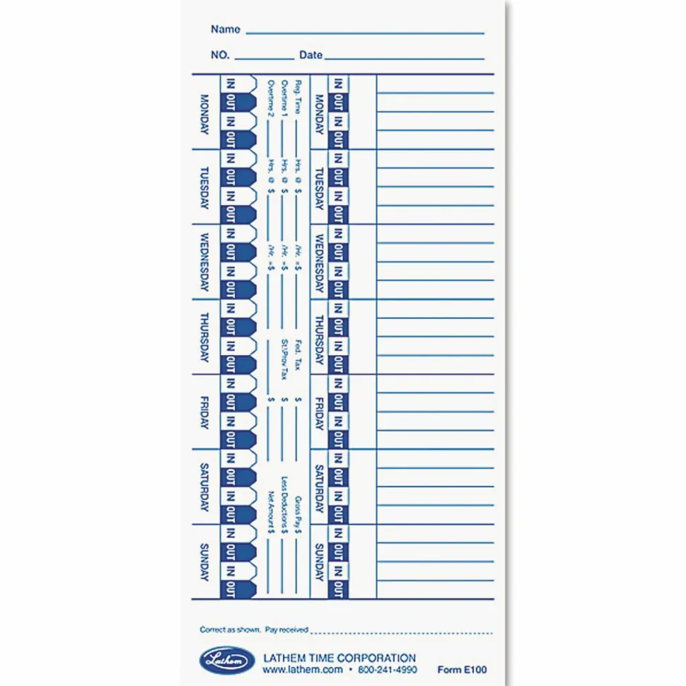 Lathem Time Cards For Electronic Side-Print Time Clocks, Weekly, 1-Sided, 4" x 9", Box Of 100