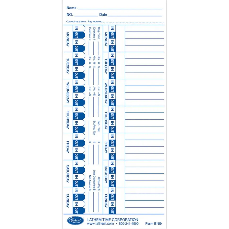 Lathem Time Cards For Electronic Side-Print Time Clocks, Weekly, 1-Sided, 4" x 9", Box Of 100