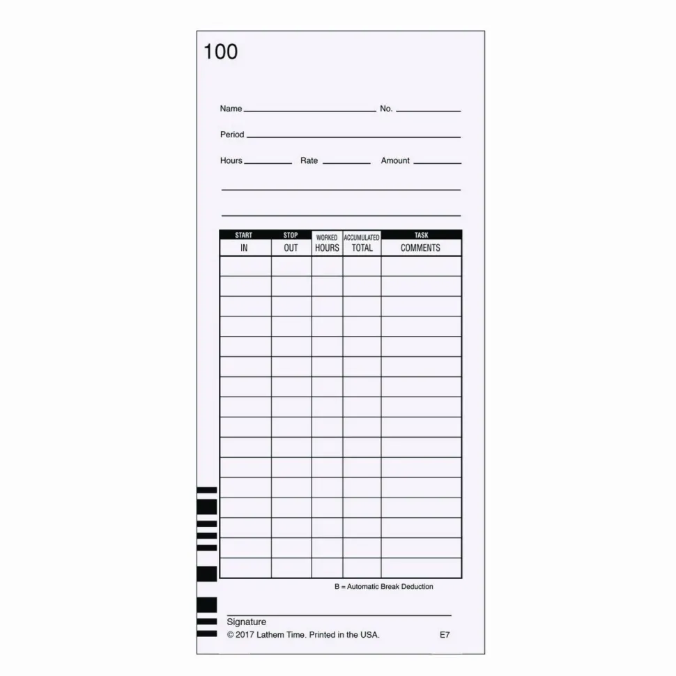 Lathem Time Cards, Numbered 1-100, 2-Sided, 3 3/8" x 7 1/4", Pack Of 100