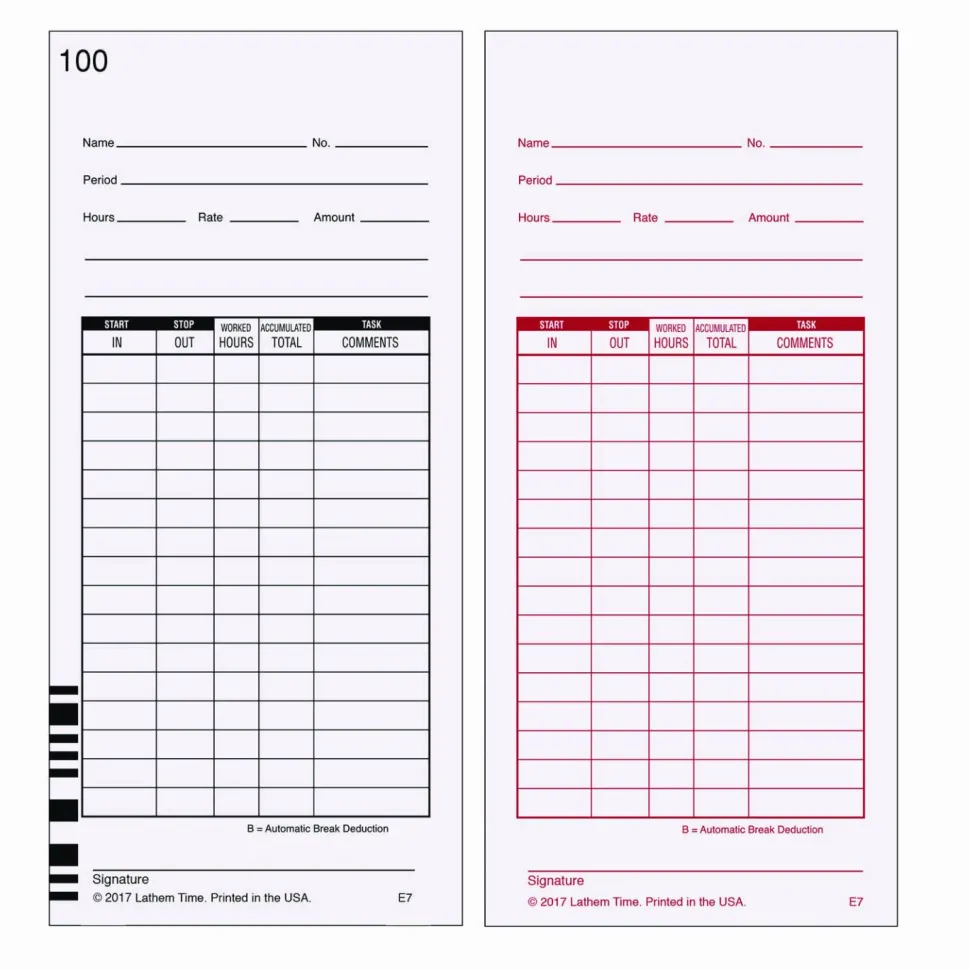 Lathem Time Cards, Numbered 1-100, 2-Sided, 3 3/8" x 7 1/4", Pack Of 100