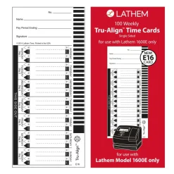 Lathem TruAlign E16 Time Cards For 1600E, Weekly, 1-Sided, 4" x 9", White, Box Of 100