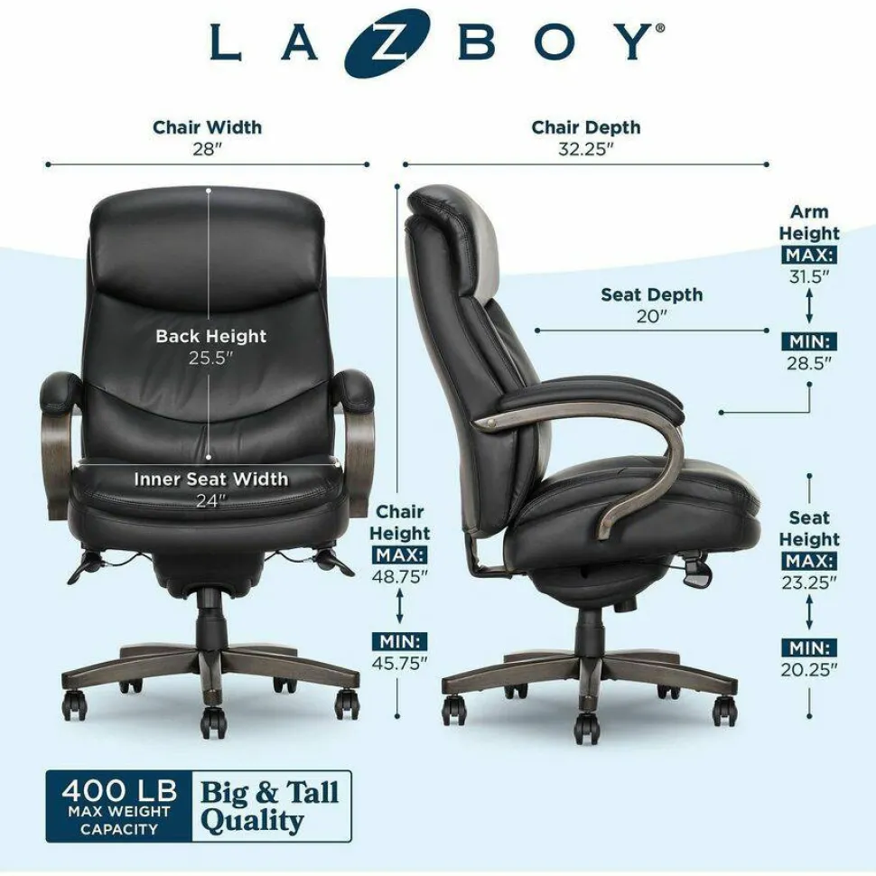 La-Z-Boy Woodbury Big/Tall Executive Chair, Supports Up to 400 lb, 20.25" to 23.25" Seat Height, Black Seat/Back, Weathered Gray Base
