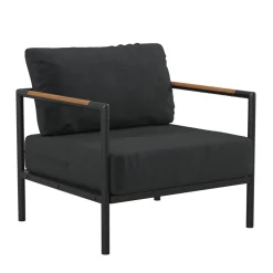 Lea Indoor/Outdoor Patio Chair with Cushions - Modern Aluminum Framed Chair with Teak Accented Arms, Black with Charcoal Cushions