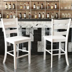 Liesel Set of 2 Commercial Grade Wooden Classic Ladderback Counter Height Barstool with Solid Wood Seat, Antique White Wash