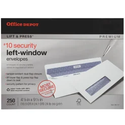 #10 Lift & Press Premium Security Envelopes, Left Window, Self Seal, 100% Recycled, White, Box Of 250