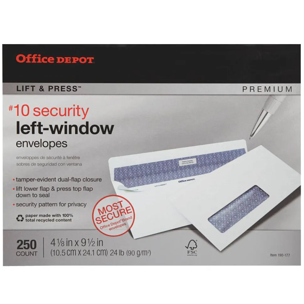 #10 Lift & Press Premium Security Envelopes, Left Window, Self Seal, 100% Recycled, White, Box Of 250