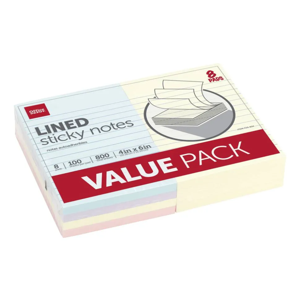Lined Sticky Notes, 4 in x 6 in, Assorted Pastel Colors, 100 Sheets Per Pad, Pack Of 8