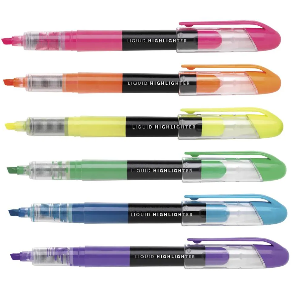 Liquid Ink Highlighters With Chisel Tips, Assorted Colors, Pack Of 12