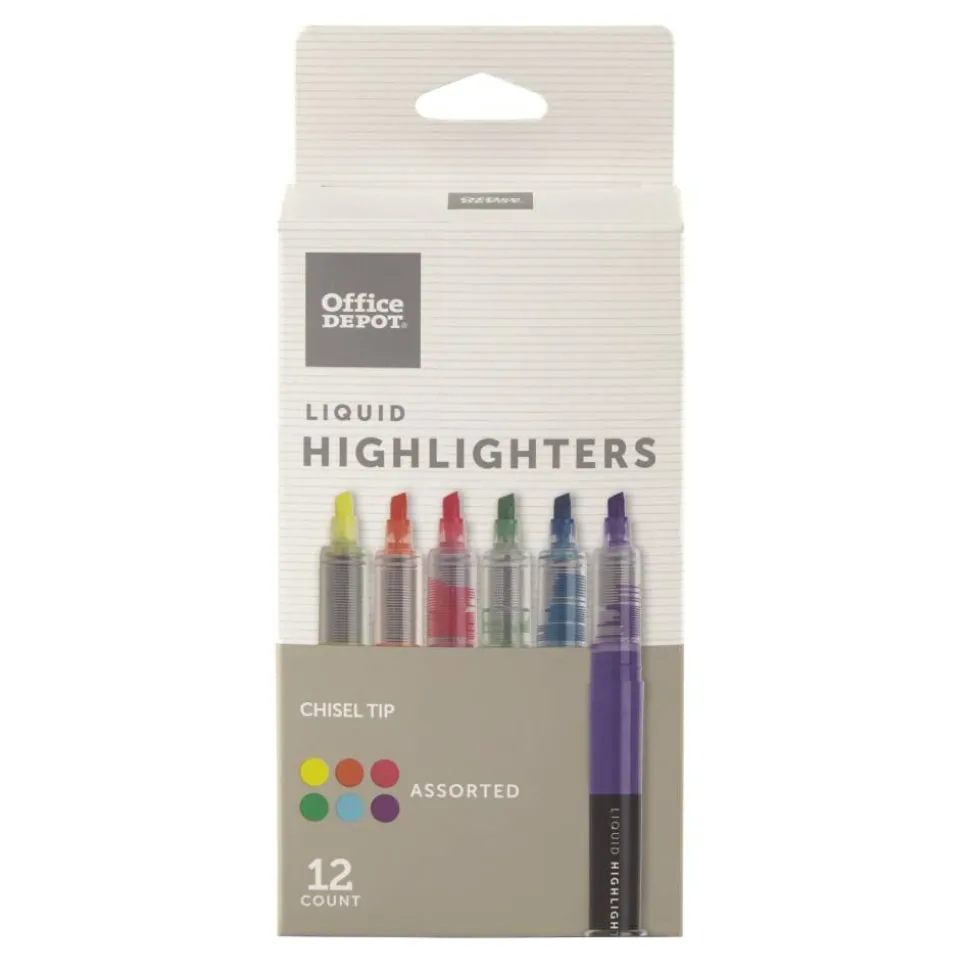 Liquid Ink Highlighters With Chisel Tips, Assorted Colors, Pack Of 12