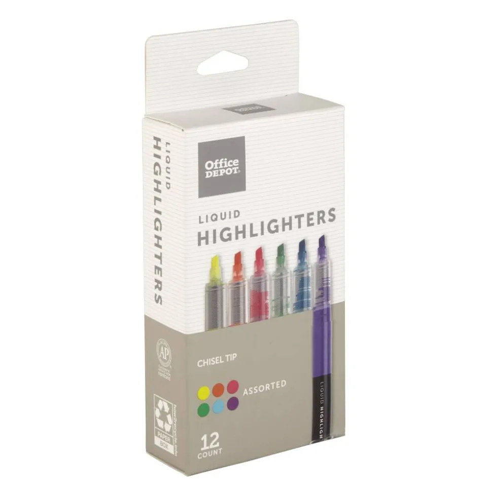 Liquid Ink Highlighters With Chisel Tips, Assorted Colors, Pack Of 12