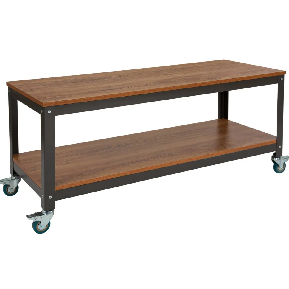 Livingston Collection TV Stand in Brown Oak Wood Grain Finish with Metal Wheels