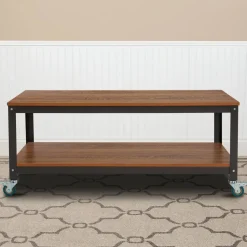 Livingston Collection TV Stand in Brown Oak Wood Grain Finish with Metal Wheels