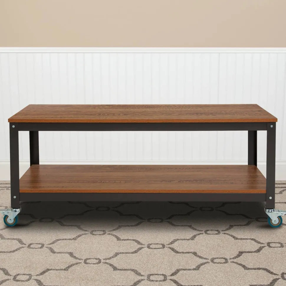 Livingston Collection TV Stand in Brown Oak Wood Grain Finish with Metal Wheels