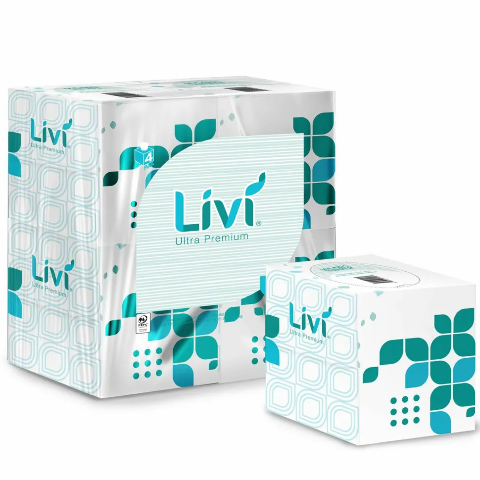 Livi Ultra Premium Facial Tissue, Cube Box, 2-Ply, White, 80 Sheets/Box, 4 Boxes/Pack, 6 Packs/Carton