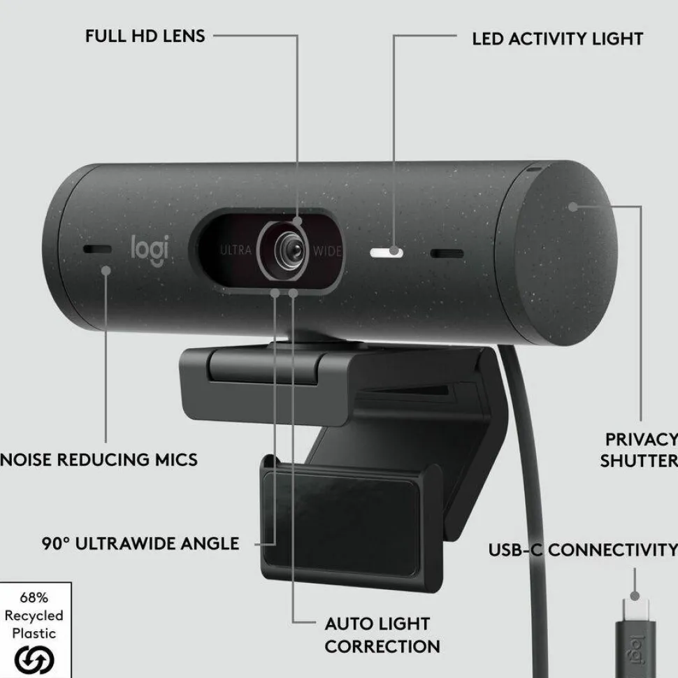 Logitech Brio 500 Full HD webcam, auto framing, noise-reducing mics, privacy shutter, streaming & video calling, Graphite
