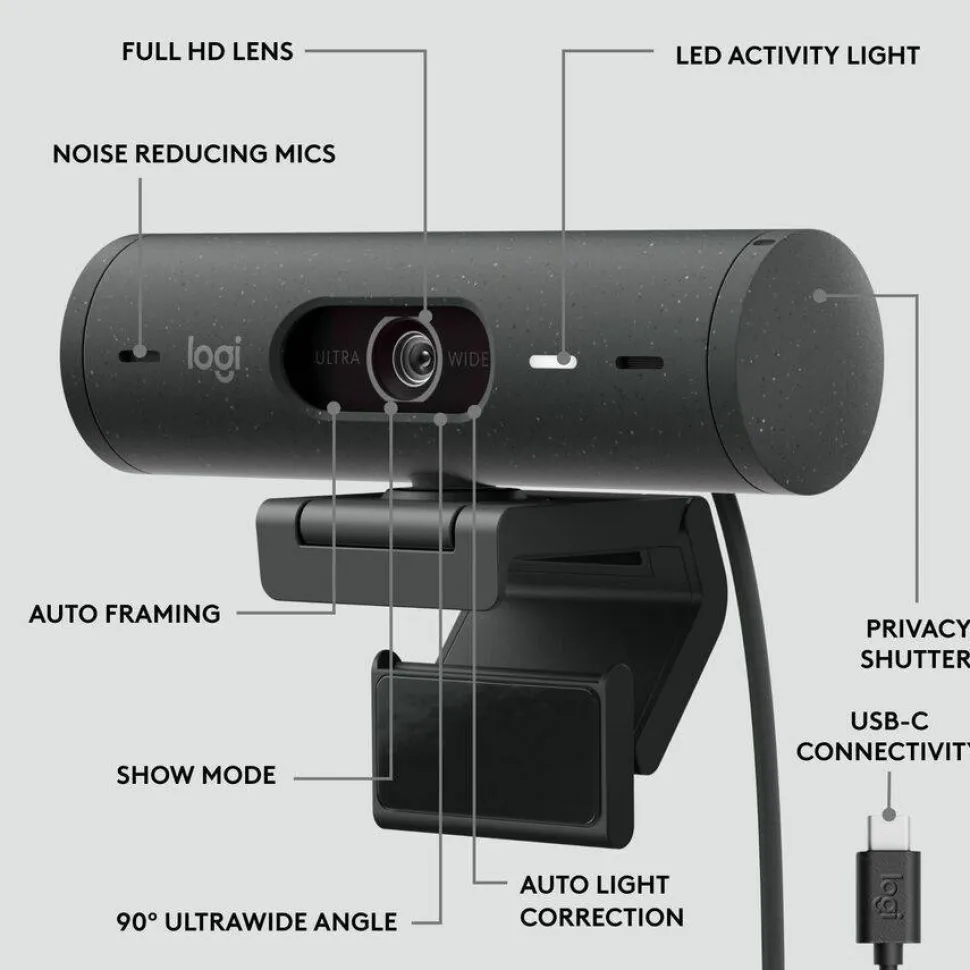 Logitech Brio 505 Full HD Webcam, TAA Compliant, Auto-Framing, Show Mode, Dual Noise Reduction Mics, Privacy Shutter