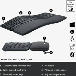 Logitech ERGO K860 Wireless Ergonomic Keyboard - Split Keyboard, Wrist Rest, Natural Typing, Stain-Resistant Fabric