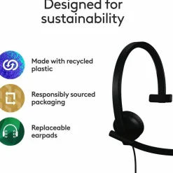 Logitech H570e USB Wired Mono Headset, USB-A, Noise-Canceling Mics, Inline Controls, Certified for Microsoft Teams, Black