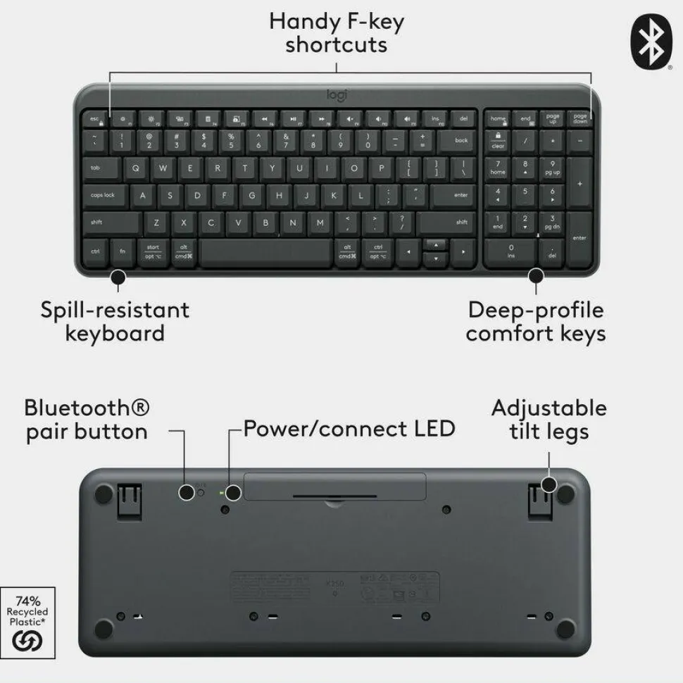Logitech K250 Bluetooth Keyboard with Numpad, Easy Connectivity, Compact Wireless Keyboard made with Recycled Plastic, Spill-Resistant, comfortable Keys (Graphite)