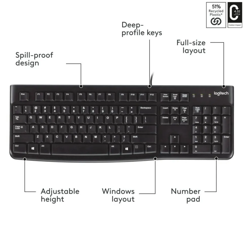 Logitech K120 Wired Keyboard for Windows, USB Plug-and-Play, Full-Size, Spill-Resistant, Curved Space Bar, Compatible with PC, Laptop - Black