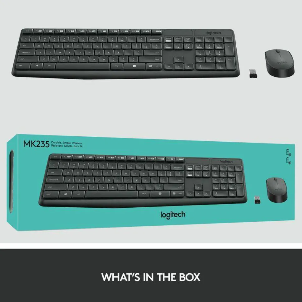 Logitech MK235 Wireless Straight Full-Size Keyboard & Ambidextrous Optical Mouse, Black