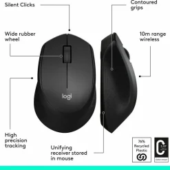 Logitech M330 SILENT Wireless Mouse, 2.4GHz with USB Nano Receiver, 1000 DPI Optical Tracking, Black