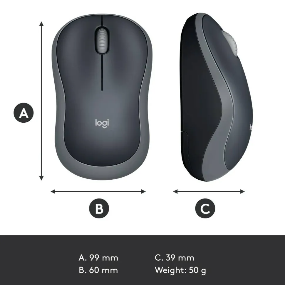 Logitech M185 Wireless Mouse, 2.4GHz with USB Mini Receiver, 1000 DPI Optical Tracking, Swift Grey