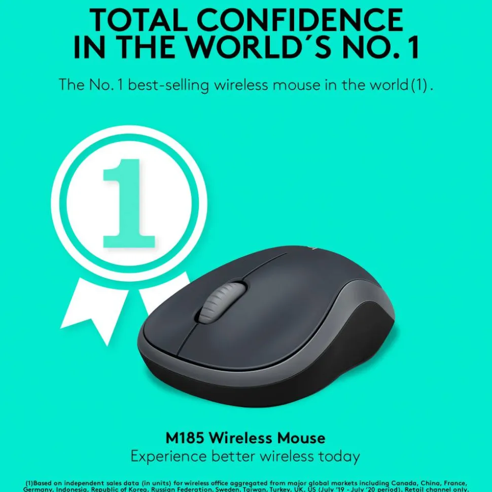 Logitech M185 Wireless Mouse, 2.4GHz with USB Mini Receiver, 1000 DPI Optical Tracking, Swift Grey