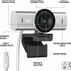 Logitech MX Brio Ultra HD 4K Collaboration and Streaming Webcam, 1080p at 60 FPS, Dual Noise Reducing Mics, Show Mode, USB-C, Webcam Cover, Works with Microsoft Teams, Zoom, Google Meet, Pale Gray