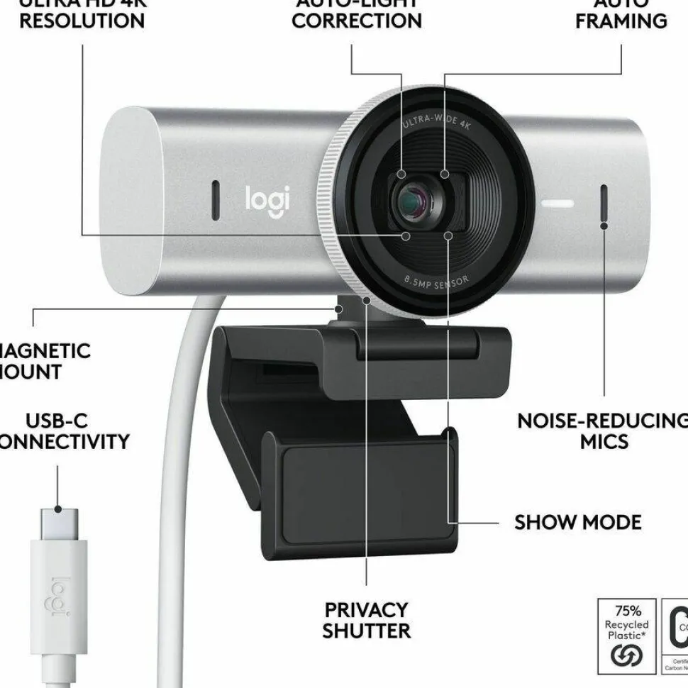 Logitech MX Brio Ultra HD 4K Collaboration and Streaming Webcam, 1080p at 60 FPS, Dual Noise Reducing Mics, Show Mode, USB-C, Webcam Cover, Works with Microsoft Teams, Zoom, Google Meet, Pale Gray
